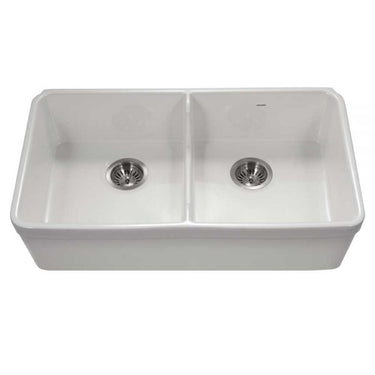 Houzer Platus 32 inch White Fireclay Apron Front Farmhouse 50/50 Double Bowl Kitchen Sink with Low Divider